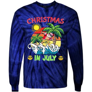 Christmas In July Funny Santa Surfing Summer Beach Vacation Tie-Dye Long Sleeve Shirt