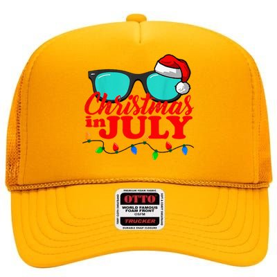 Christmas In July Santa Hat Sunglasses Summer Celebration High Crown Mesh Back Trucker Hat