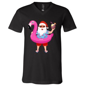 Christmas In July Santa Hawaii Sunglasses Flamingo Gifts V-Neck T-Shirt