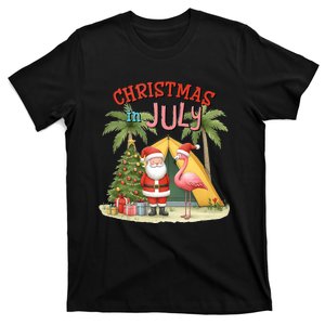 Christmas In July Flamingo Santa Summer Vacation Funny T-Shirt