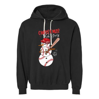 Christmas in july For Baseball Fan Snowman Snowman Baseball Garment-Dyed Fleece Hoodie