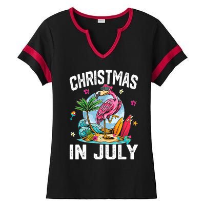 Christmas In July Funny Tropical Flamingo Hawaii Summer Xmas Ladies Halftime Notch Neck Tee