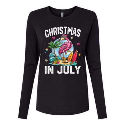 Christmas In July Funny Tropical Flamingo Hawaii Summer Xmas Womens Cotton Relaxed Long Sleeve T-Shirt