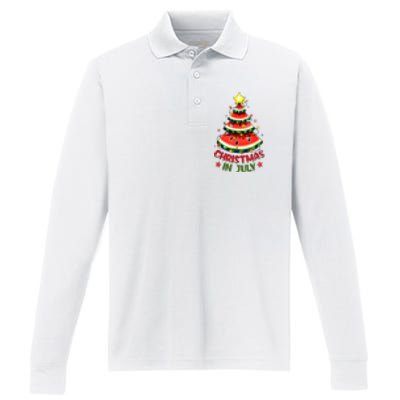 Christmas In July Watermelon Xmas Tree Performance Long Sleeve Polo