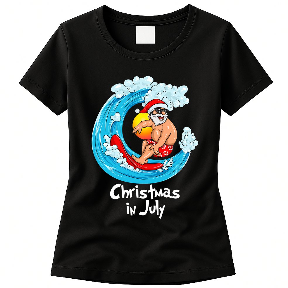 Christmas In July Santa Hawaiian Surfing Summer Xmas Womens T-Shirt