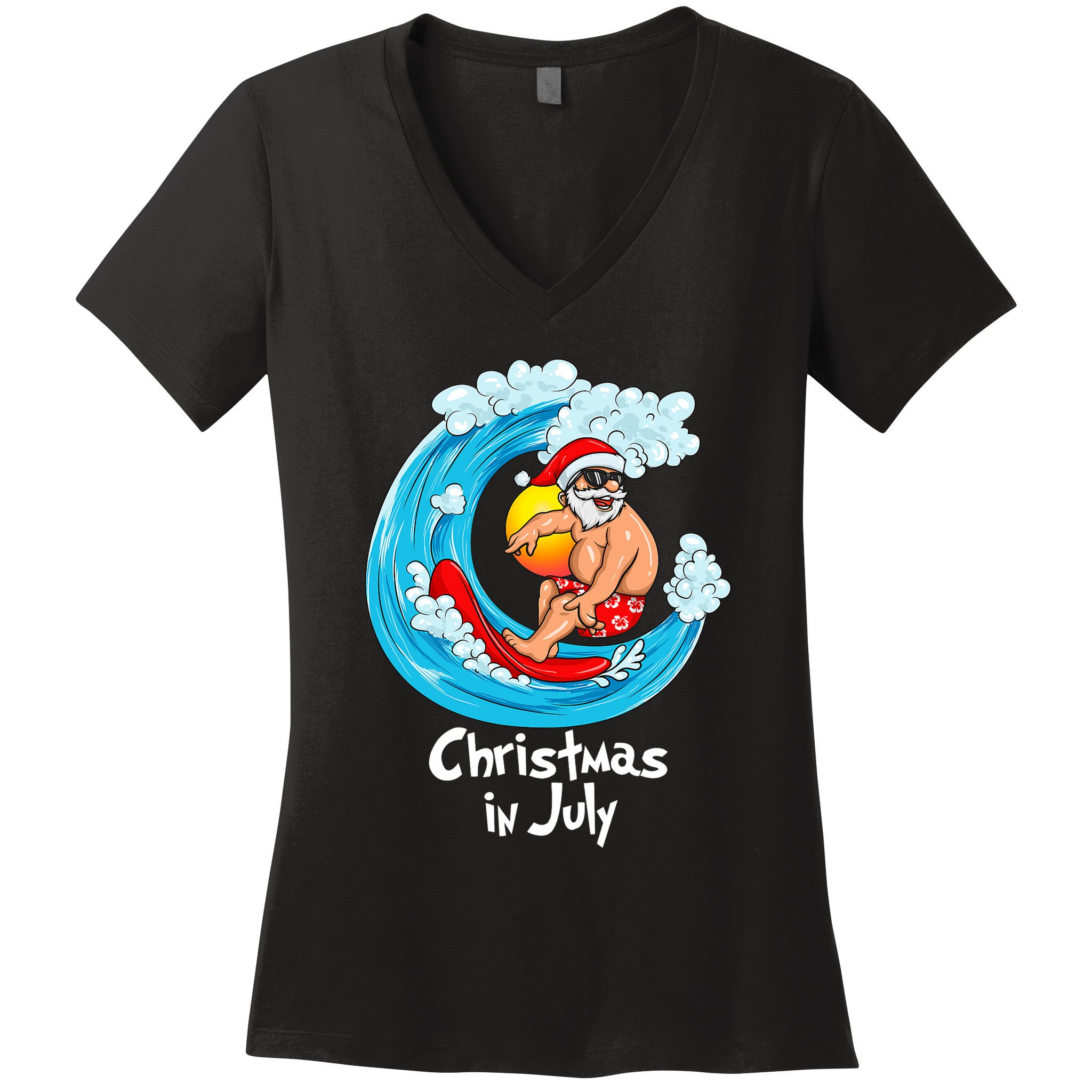 Christmas In July Santa Hawaiian Surfing Summer Xmas Women's V-Neck T-Shirt