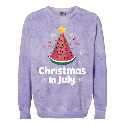 Christmas In July Watermelon Tree Funny Flamingo Xmas Beach Colorblast Crewneck Sweatshirt