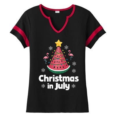 Christmas In July Watermelon Tree Funny Flamingo Xmas Beach Ladies Halftime Notch Neck Tee