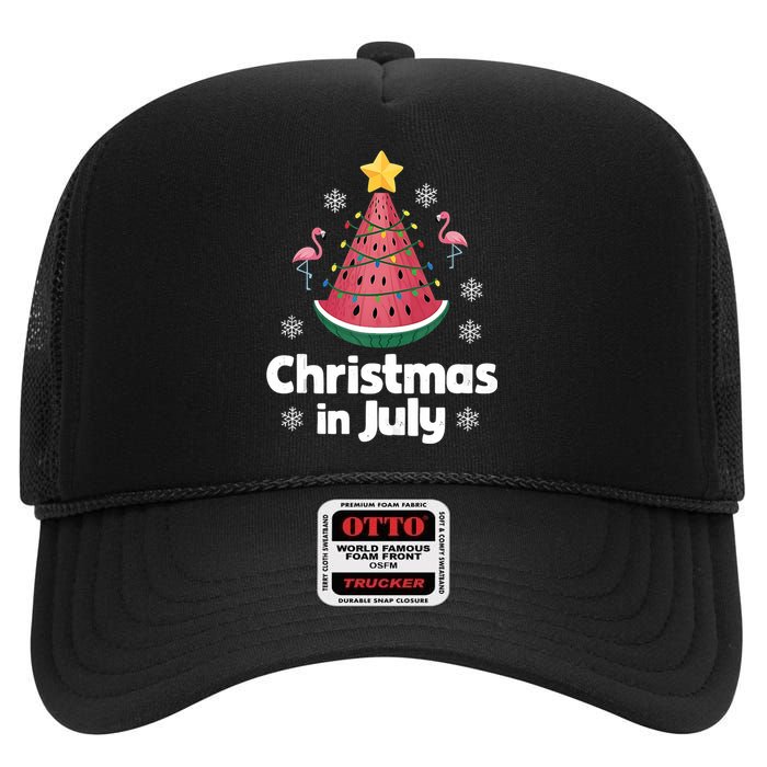 Christmas In July Watermelon Tree Funny Flamingo Xmas Beach High Crown Mesh Back Trucker Hat