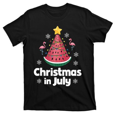 Christmas In July Watermelon Tree Funny Flamingo Xmas Beach T-Shirt