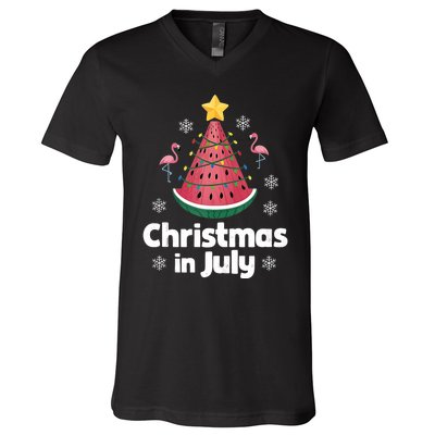 Christmas In July Watermelon Tree Funny Flamingo Xmas Beach V-Neck T-Shirt