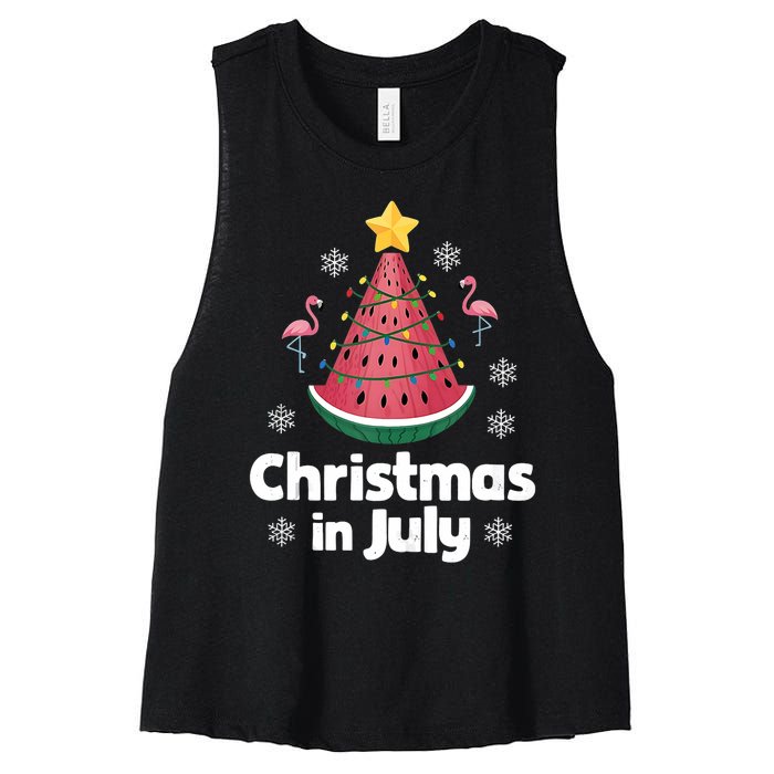 Christmas In July Watermelon Tree Funny Flamingo Xmas Beach Women's Racerback Cropped Tank