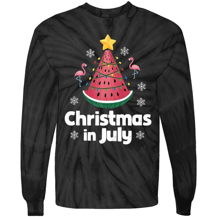 Christmas In July Watermelon Tree Funny Flamingo Xmas Beach Tie-Dye Long Sleeve Shirt