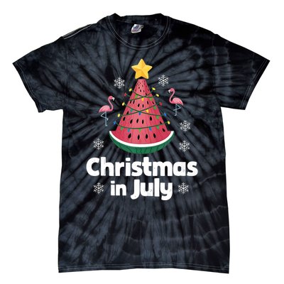 Christmas In July Watermelon Tree Funny Flamingo Xmas Beach Tie-Dye T-Shirt