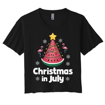 Christmas In July Watermelon Tree Funny Flamingo Xmas Beach Women's Crop Top Tee