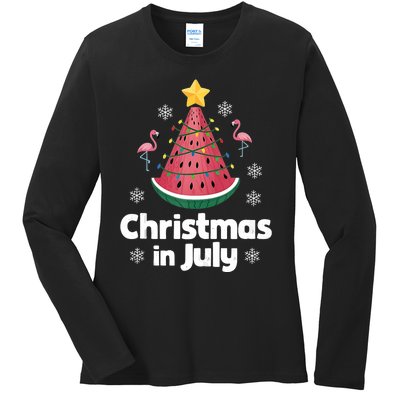 Christmas In July Watermelon Tree Funny Flamingo Xmas Beach Ladies Long Sleeve Shirt