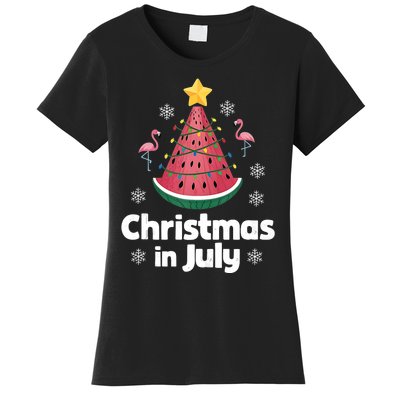 Christmas In July Watermelon Tree Funny Flamingo Xmas Beach Women's T-Shirt