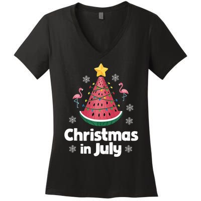 Christmas In July Watermelon Tree Funny Flamingo Xmas Beach Women's V-Neck T-Shirt