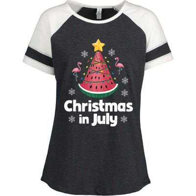 Christmas In July Watermelon Tree Funny Flamingo Xmas Beach Enza Ladies Jersey Colorblock Tee