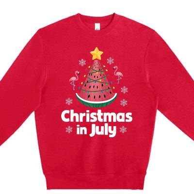 Christmas In July Watermelon Tree Funny Flamingo Xmas Beach Premium Crewneck Sweatshirt