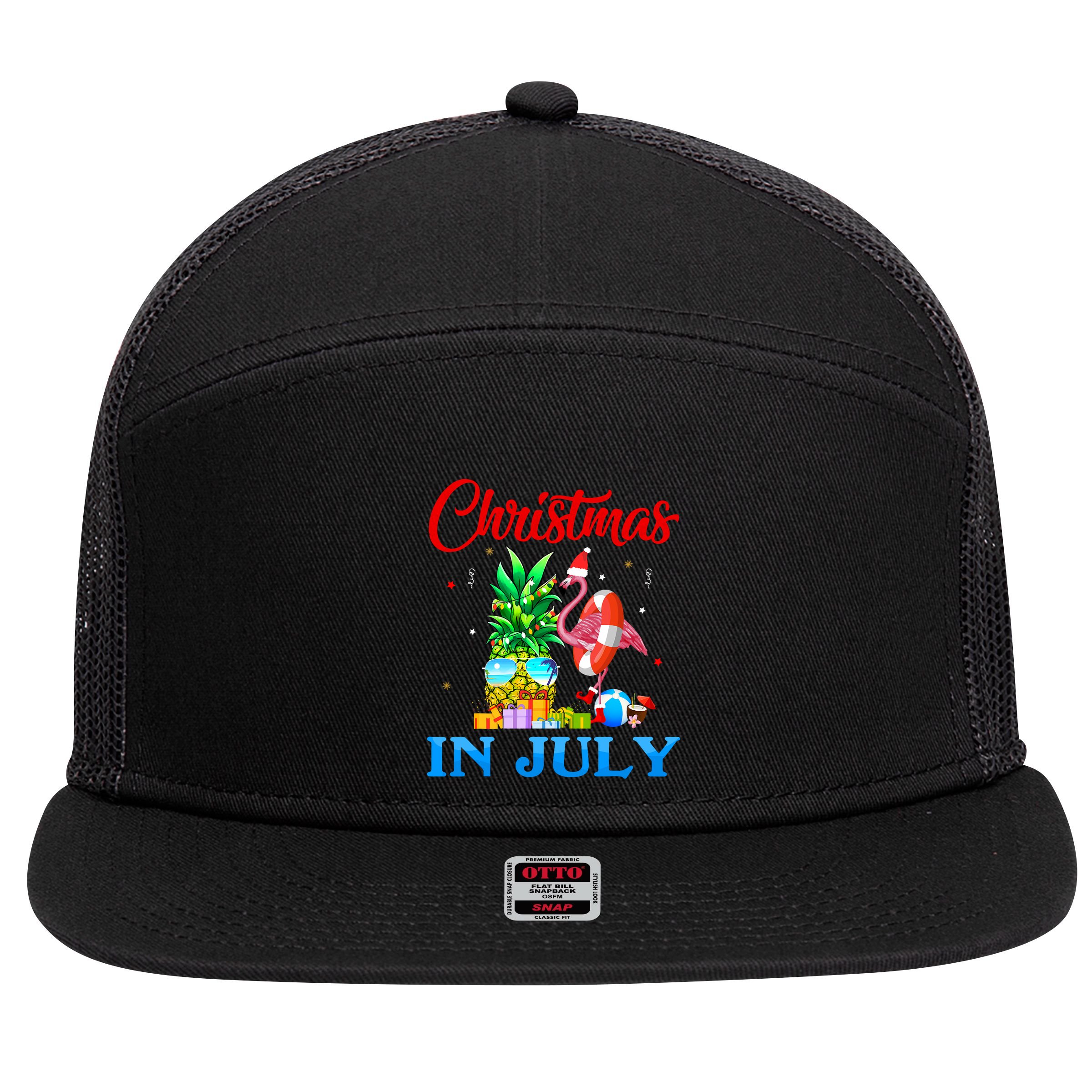 Christmas In July Pineapple Xmas Tree Flamingo Santa Summer 7 Panel Mesh Trucker Snapback Hat