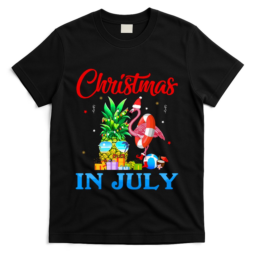 Christmas In July Pineapple Xmas Tree Flamingo Santa Summer T-Shirt