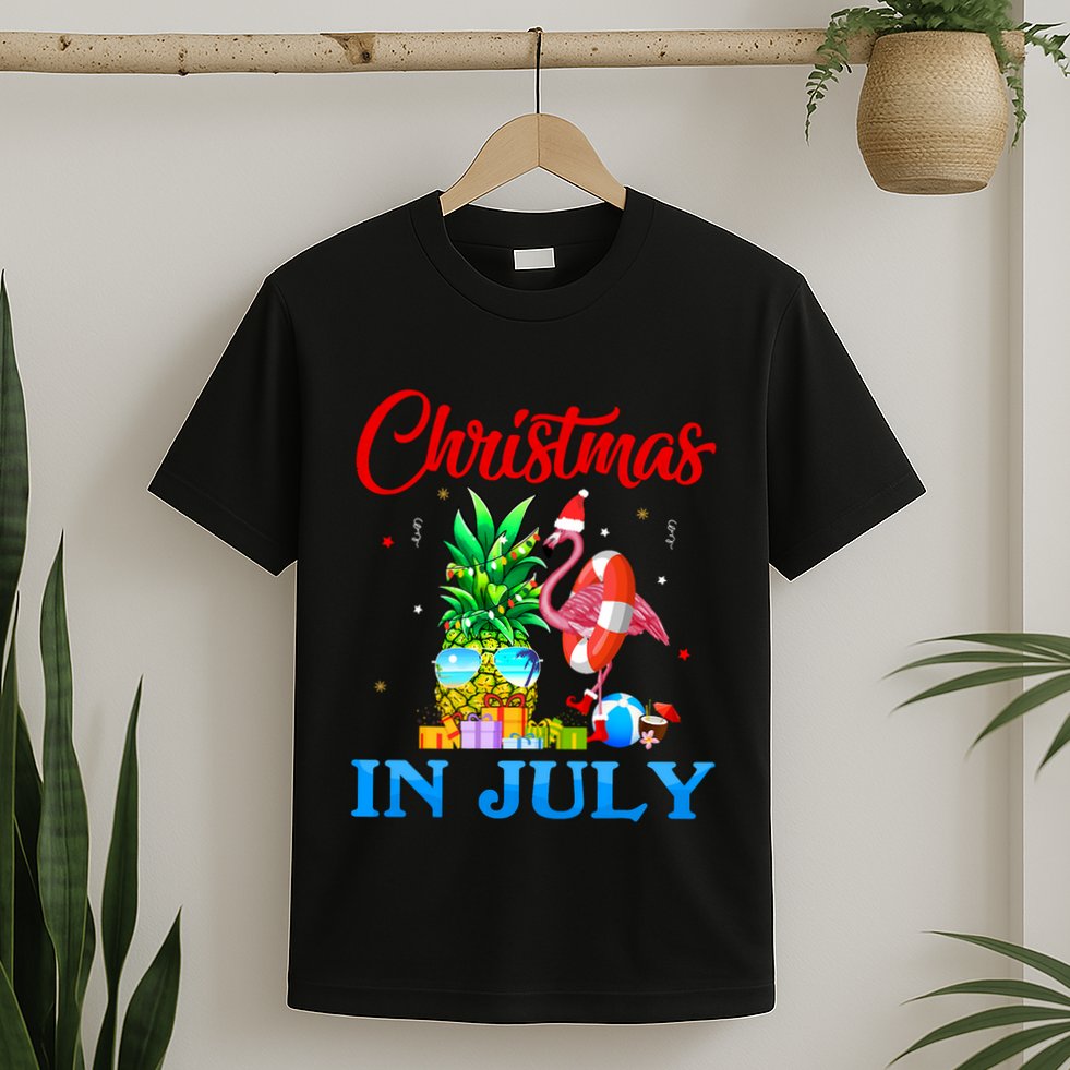 Christmas In July Pineapple Xmas Tree Flamingo Santa Summer T-Shirt