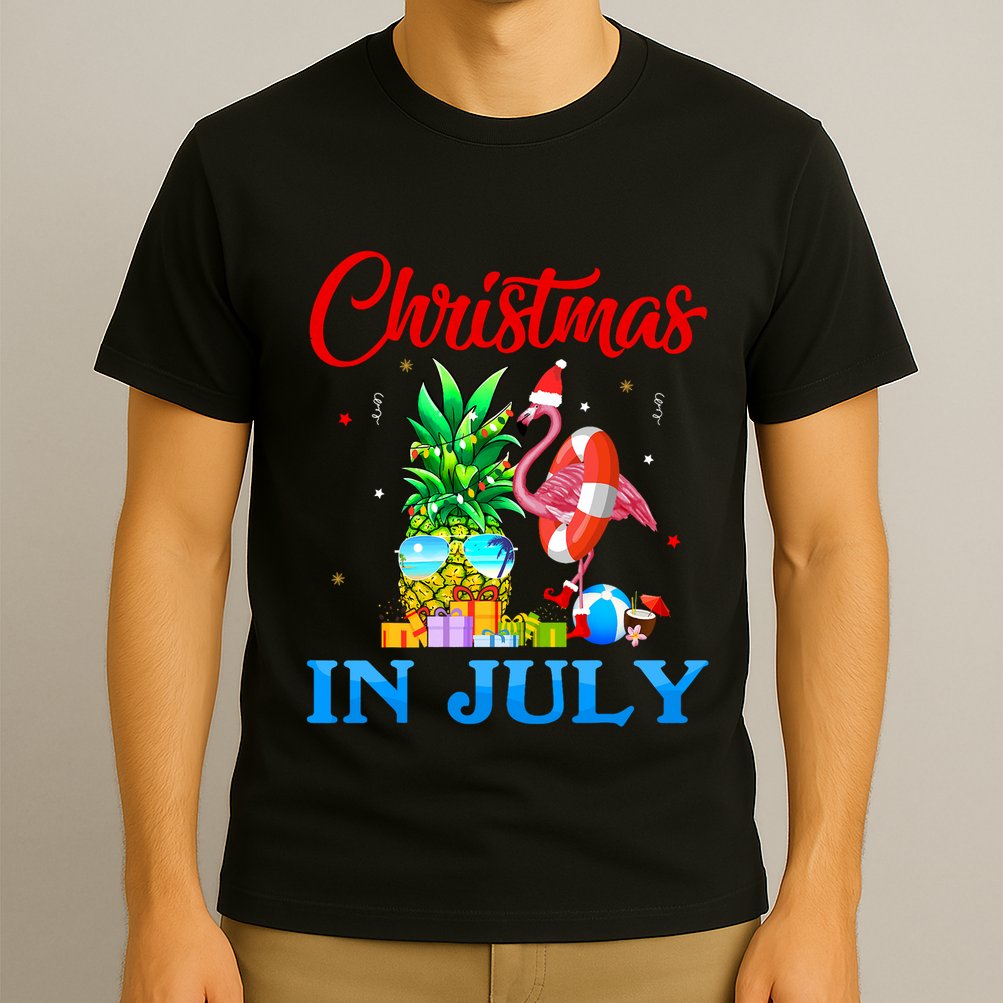 Christmas In July Pineapple Xmas Tree Flamingo Santa Summer T-Shirt