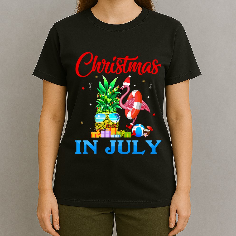 Christmas In July Pineapple Xmas Tree Flamingo Santa Summer T-Shirt