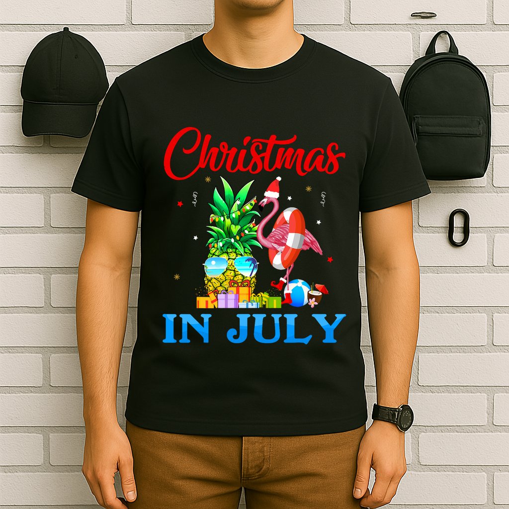 Christmas In July Pineapple Xmas Tree Flamingo Santa Summer T-Shirt