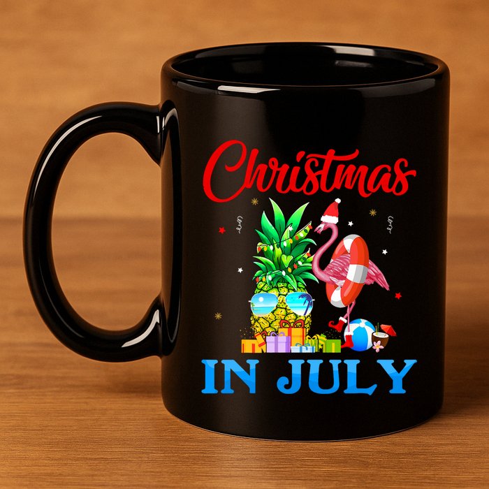 Christmas In July Pineapple Xmas Tree Flamingo Santa Summer 11oz C Handle Ceramic Mug