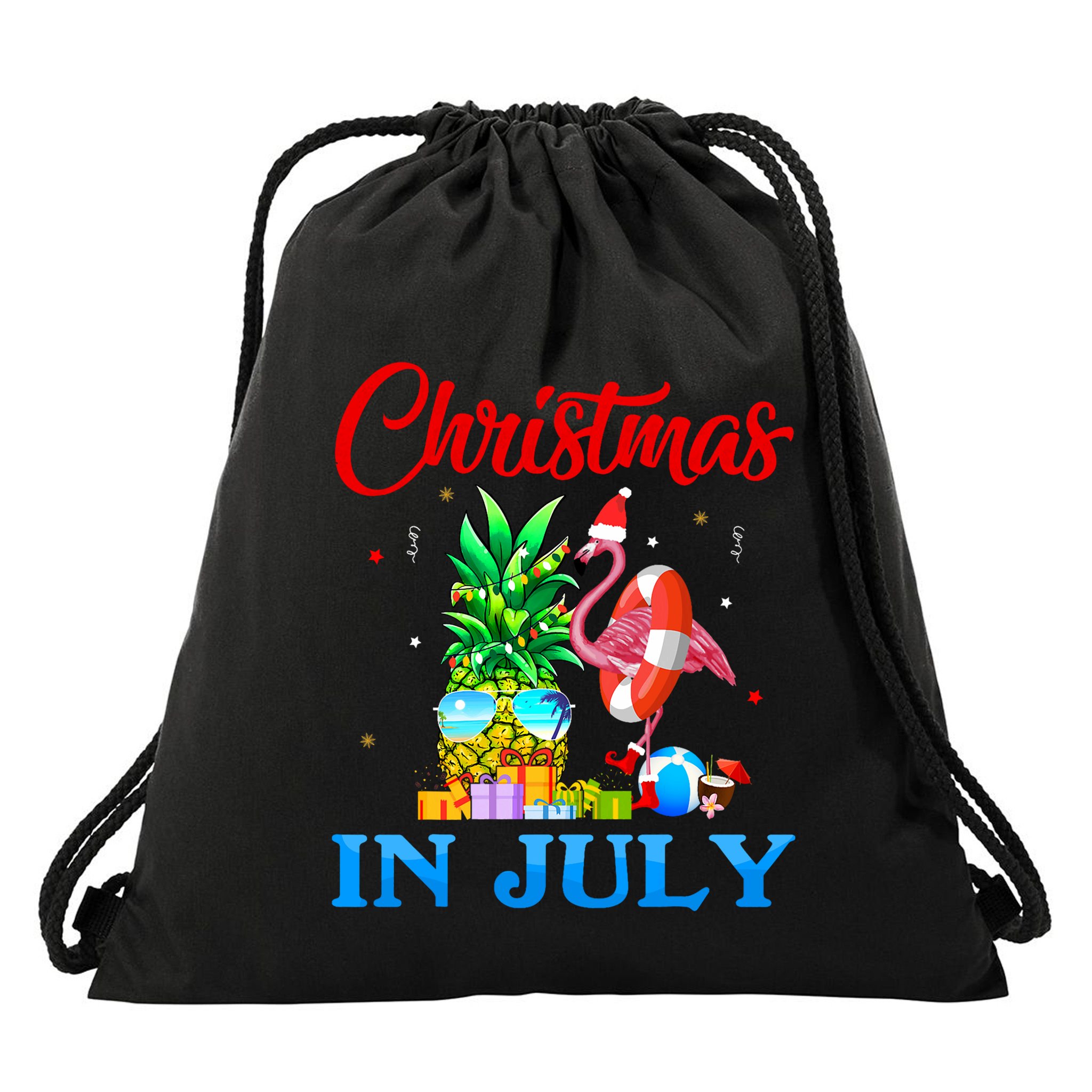 Christmas In July Pineapple Xmas Tree Flamingo Santa Summer Drawstring Bag