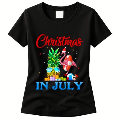 Christmas In July Pineapple Xmas Tree Flamingo Santa Summer Womens T-Shirt