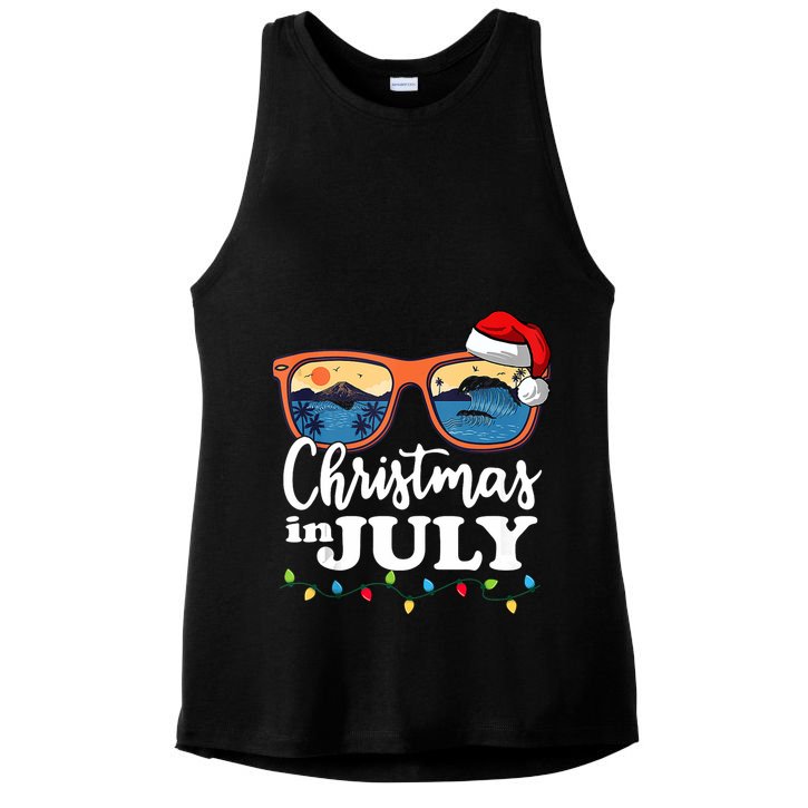 Christmas In July Santa Hat Sunglasses Summer Vacation Beach Tank Top Ladies PosiCharge Tri-Blend Wicking Tank