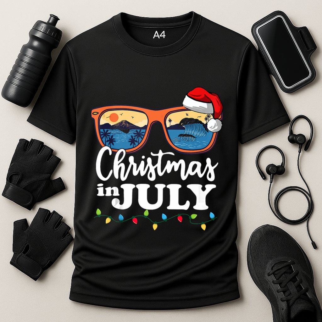 Christmas In July Santa Hat Sunglasses Summer Vacation Beach Tank Top Cooling Performance Crew T-Shirt