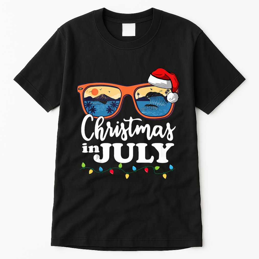 Christmas In July Santa Hat Sunglasses Summer Vacation Beach Tank Top Tall T-Shirt