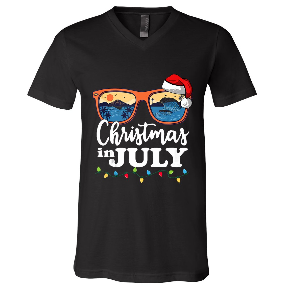 Christmas In July Santa Hat Sunglasses Summer Vacation Beach Tank Top V-Neck T-Shirt