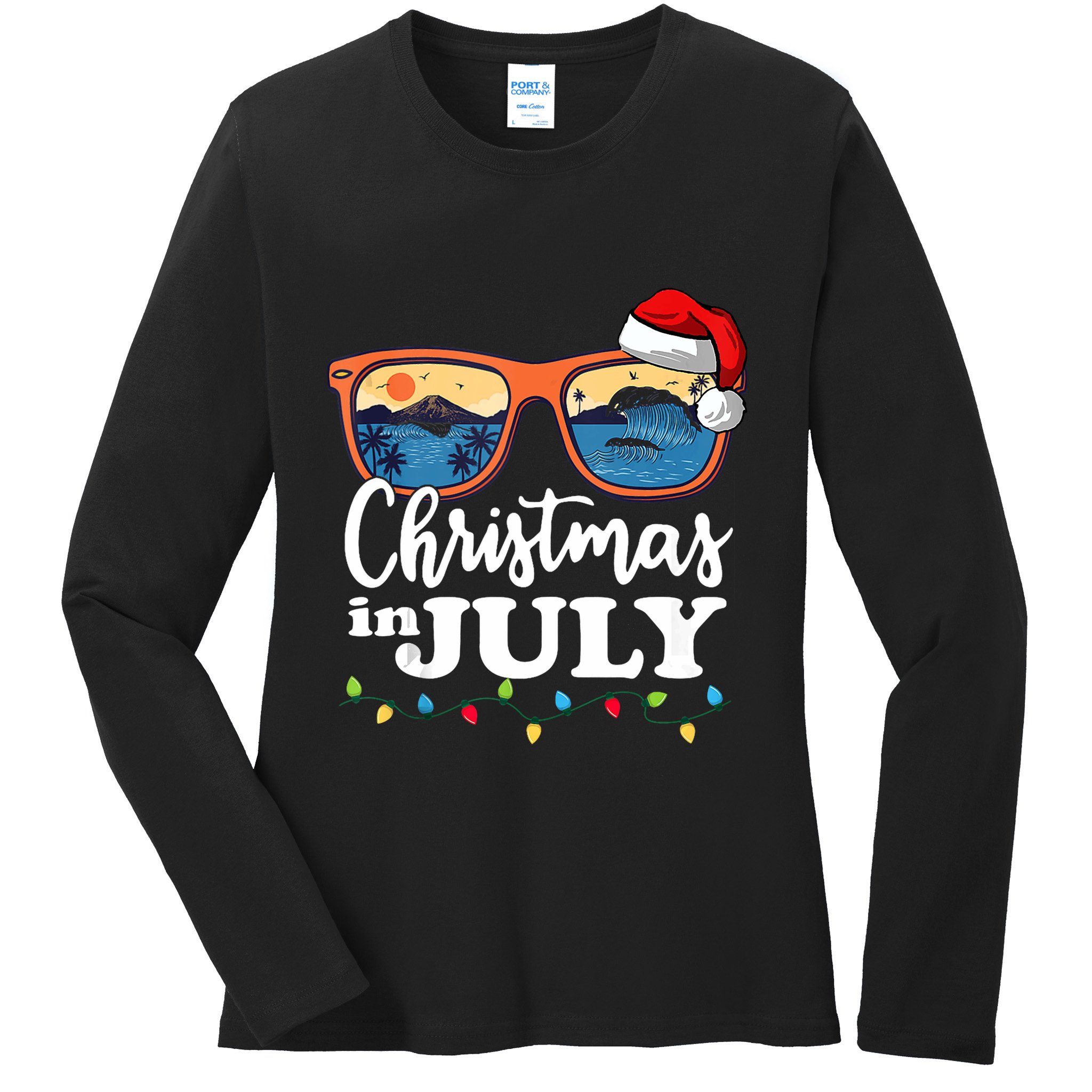 Christmas In July Santa Hat Sunglasses Summer Vacation Beach Tank Top Ladies Long Sleeve Shirt