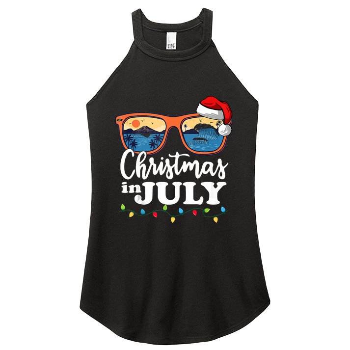 Christmas In July Santa Hat Sunglasses Summer Vacation Beach Tank Top Women's Perfect Tri Rocker Tank