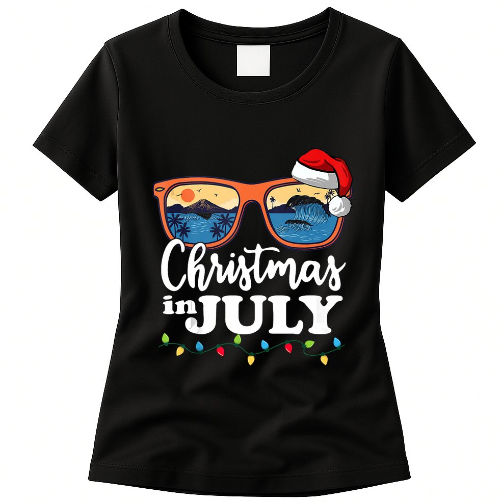 Christmas In July Santa Hat Sunglasses Summer Vacation Beach Tank Top Womens T-Shirt