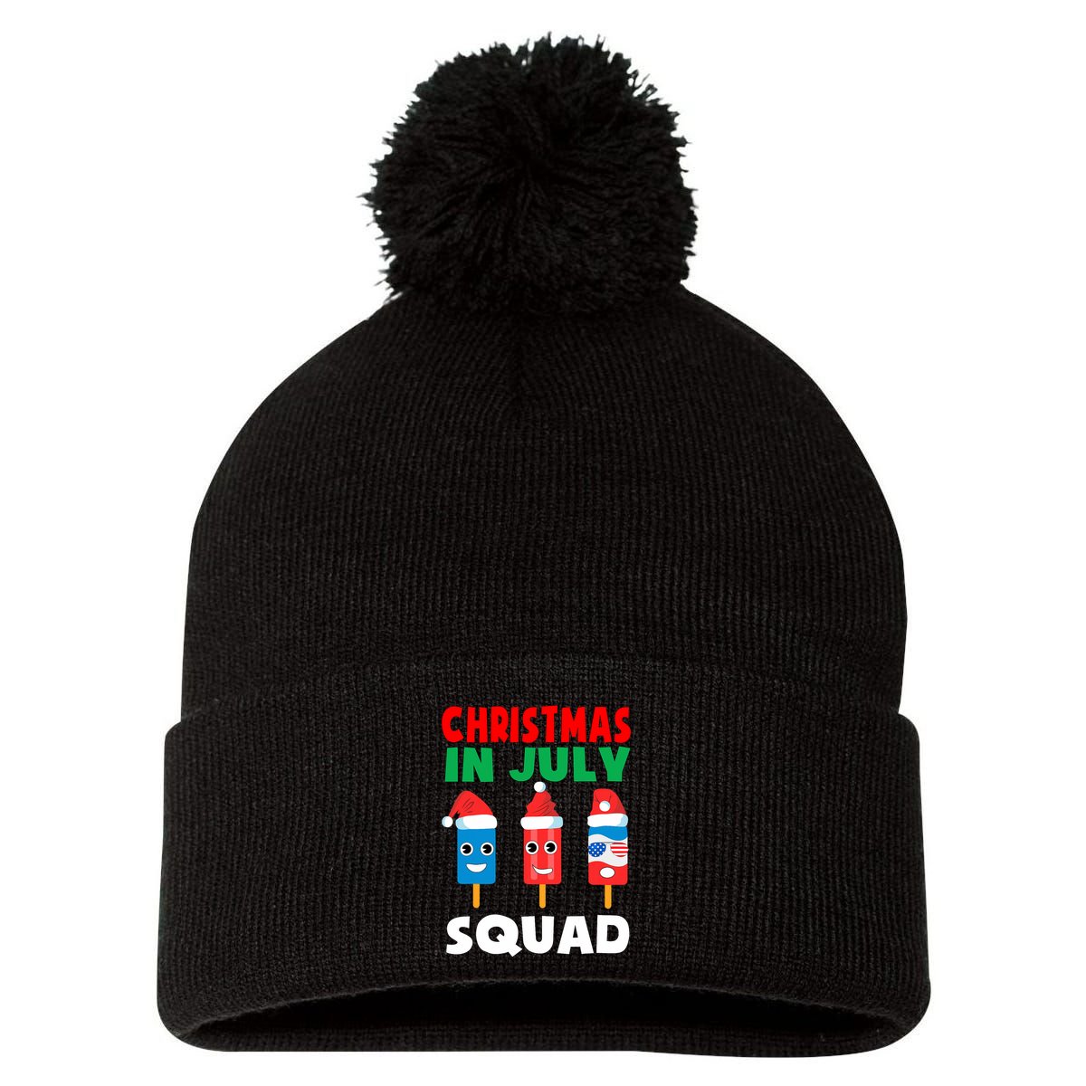 Christmas In July Squad Crew Cute Ice Pops In Santa Hat Pom Pom 12in Knit Beanie
