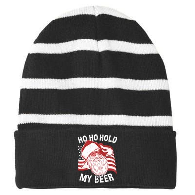 Christmas In July Funny | Santa Ho Ho Hold My Beer Striped Beanie with Solid Band