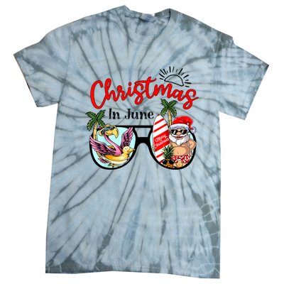 Christmas In June Sunglasses Santa Flamingo Summer Vacation Tie-Dye T-Shirt