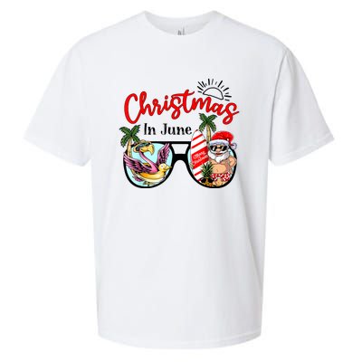 Christmas In June Sunglasses Santa Flamingo Summer Vacation Sueded Cloud Jersey T-Shirt