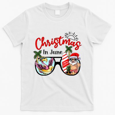 Christmas In June Sunglasses Santa Flamingo Summer Vacation T-Shirt