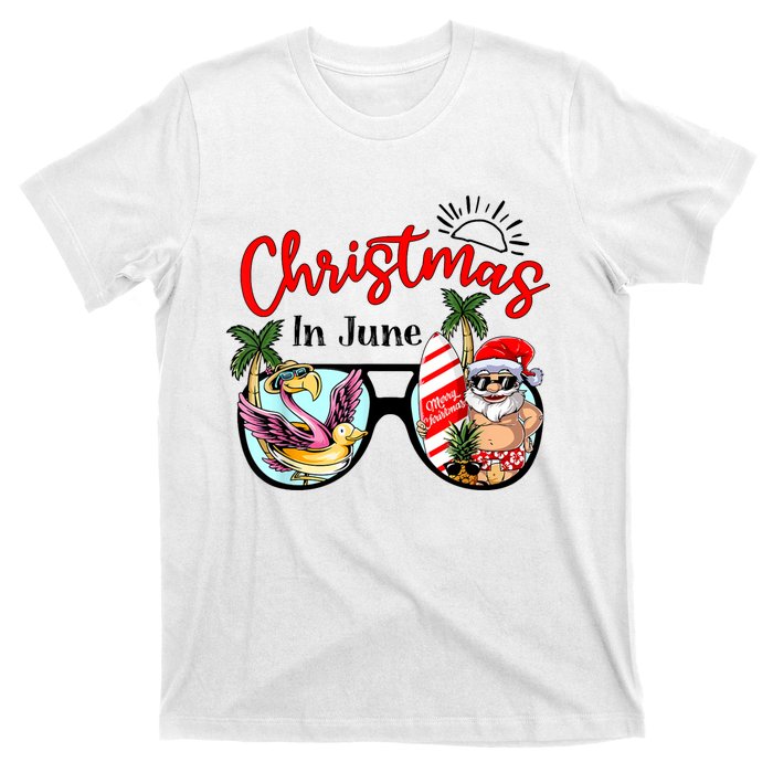 Christmas In June Sunglasses Santa Flamingo Summer Vacation T-Shirt