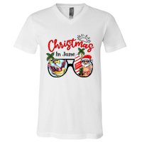 Christmas In June Sunglasses Santa Flamingo Summer Vacation V-Neck T-Shirt