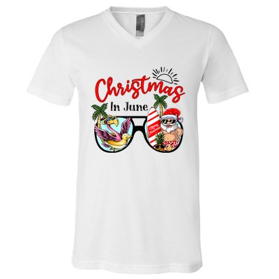 Christmas In June Sunglasses Santa Flamingo Summer Vacation V-Neck T-Shirt