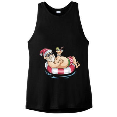 Christmas In July Hawaiian Santa Floatie Summer Ladies PosiCharge Tri-Blend Wicking Tank