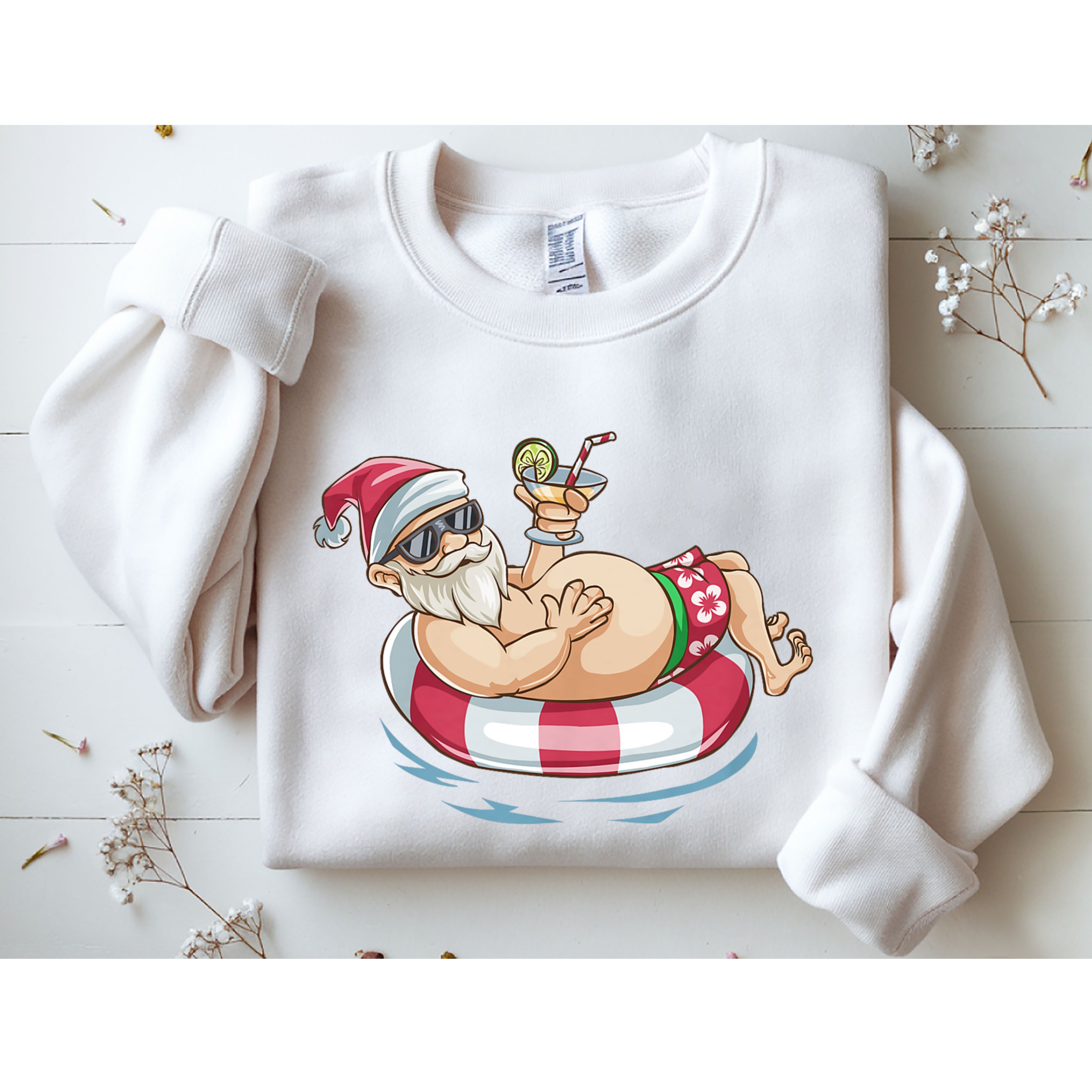 Christmas In July Hawaiian Santa Floatie Summer Sweatshirt